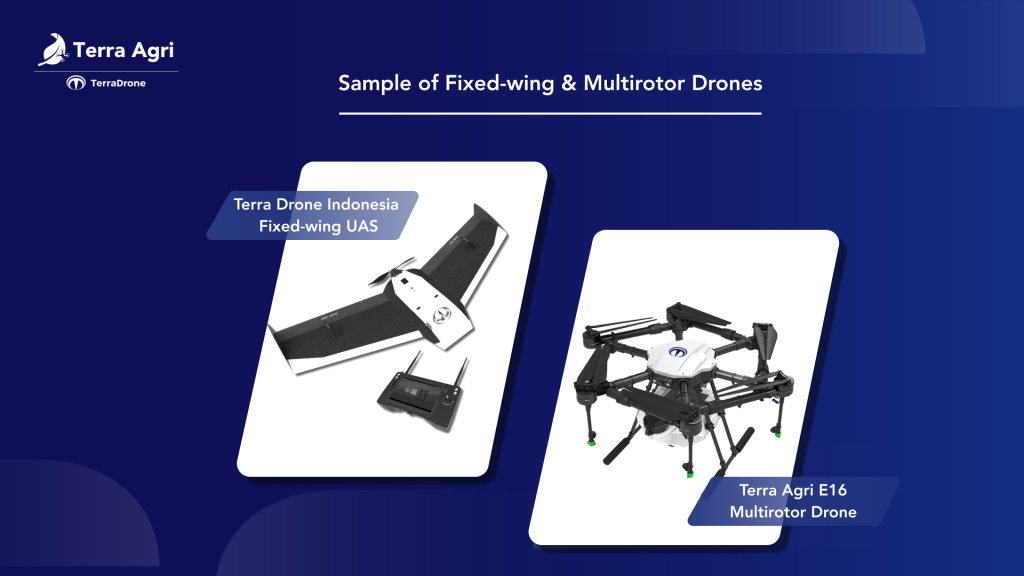 Sample of fixed-wing and multirotor drones by Terra Drone which can be used for agriculture 